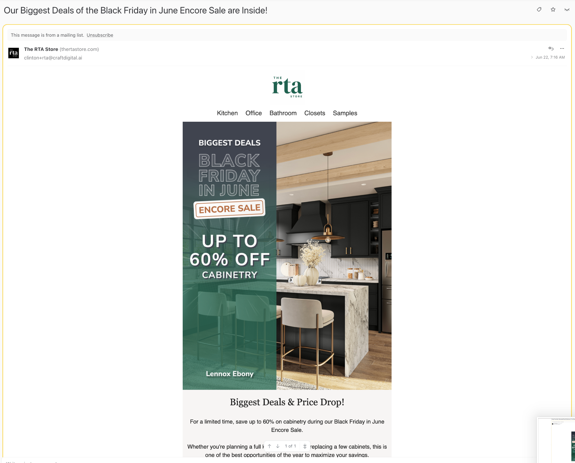 RTA Store email — Our Biggest Deals of the Black Friday in June Encore Sale are Inside!