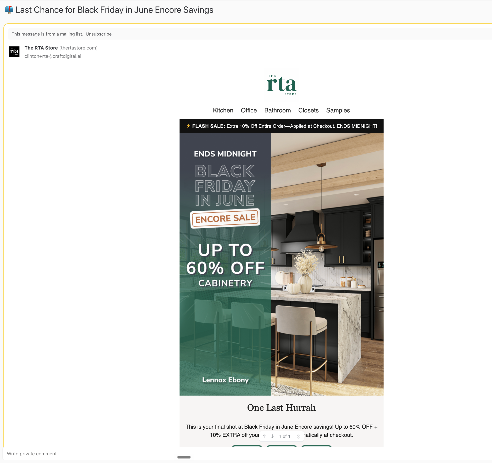 RTA Store email — Last Chance for Black Friday in June Encore Savings