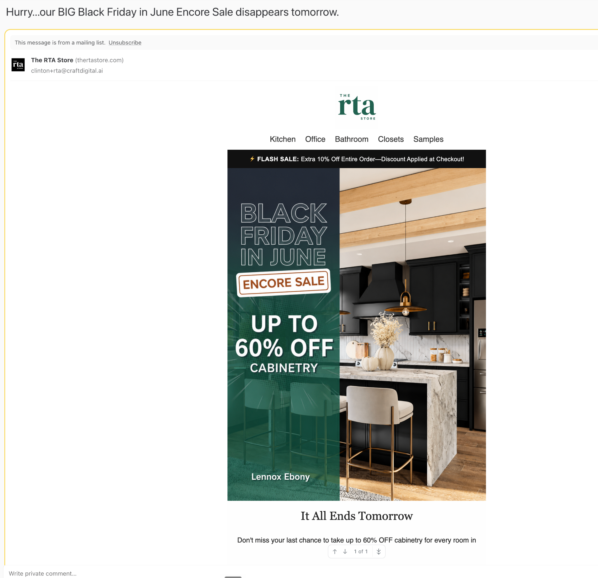 RTA Store email — Hurry…our BIG Black Friday in June Encore Sale disappears tomorrow.