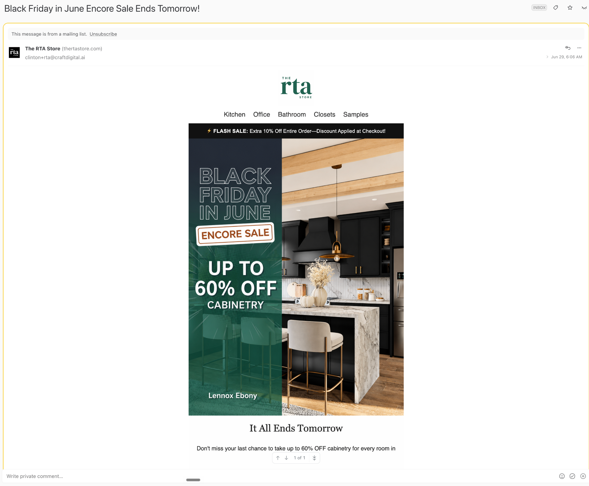 RTA Store email — Black Friday in June Encore Sale Ends Tomorrow!