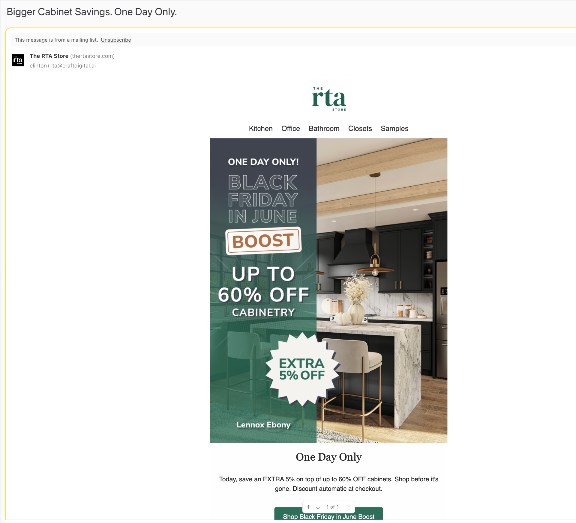 RTA Store email — Bigger Cabinet Savings. One Day Only.