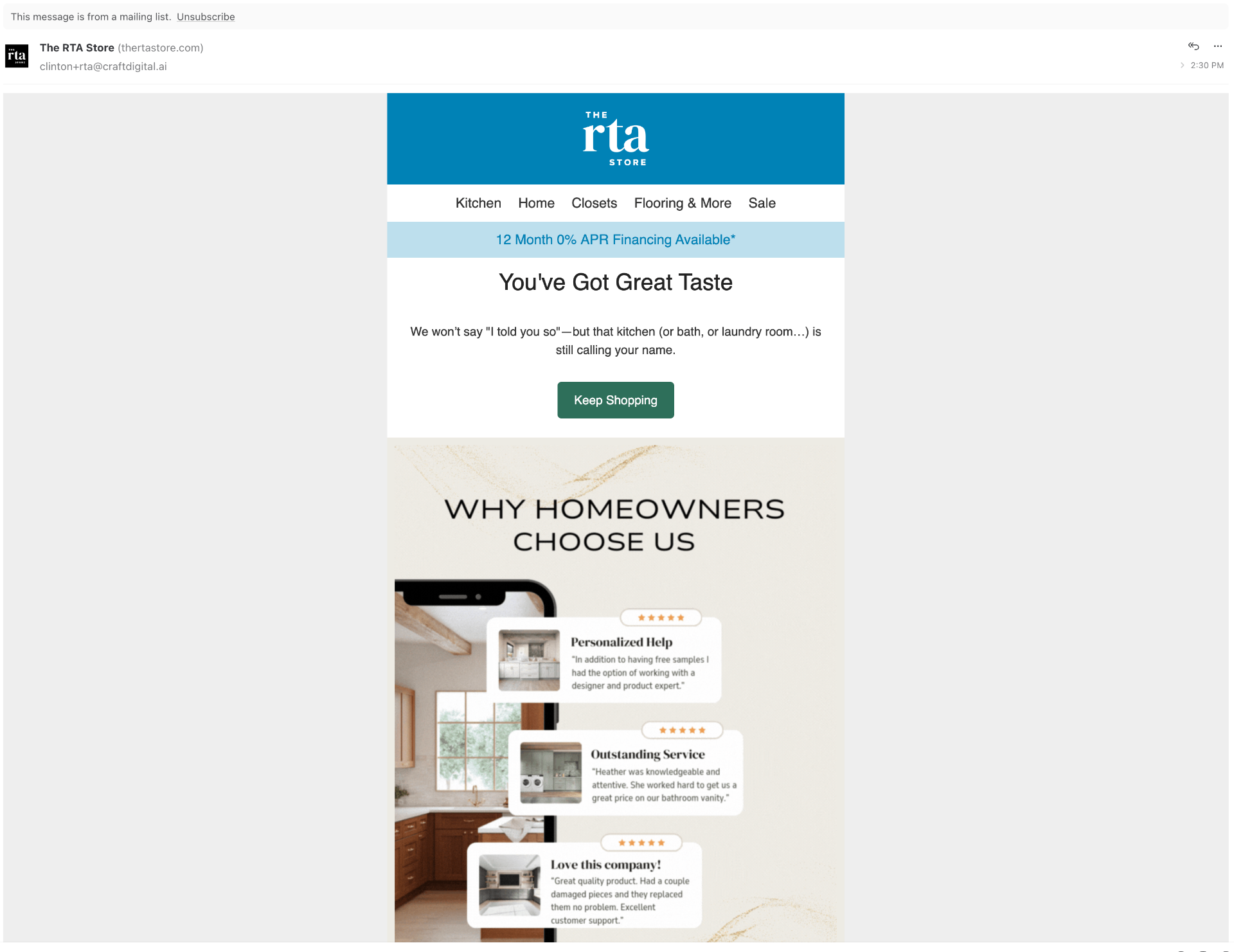 RTA Store email — You've Got Great Taste